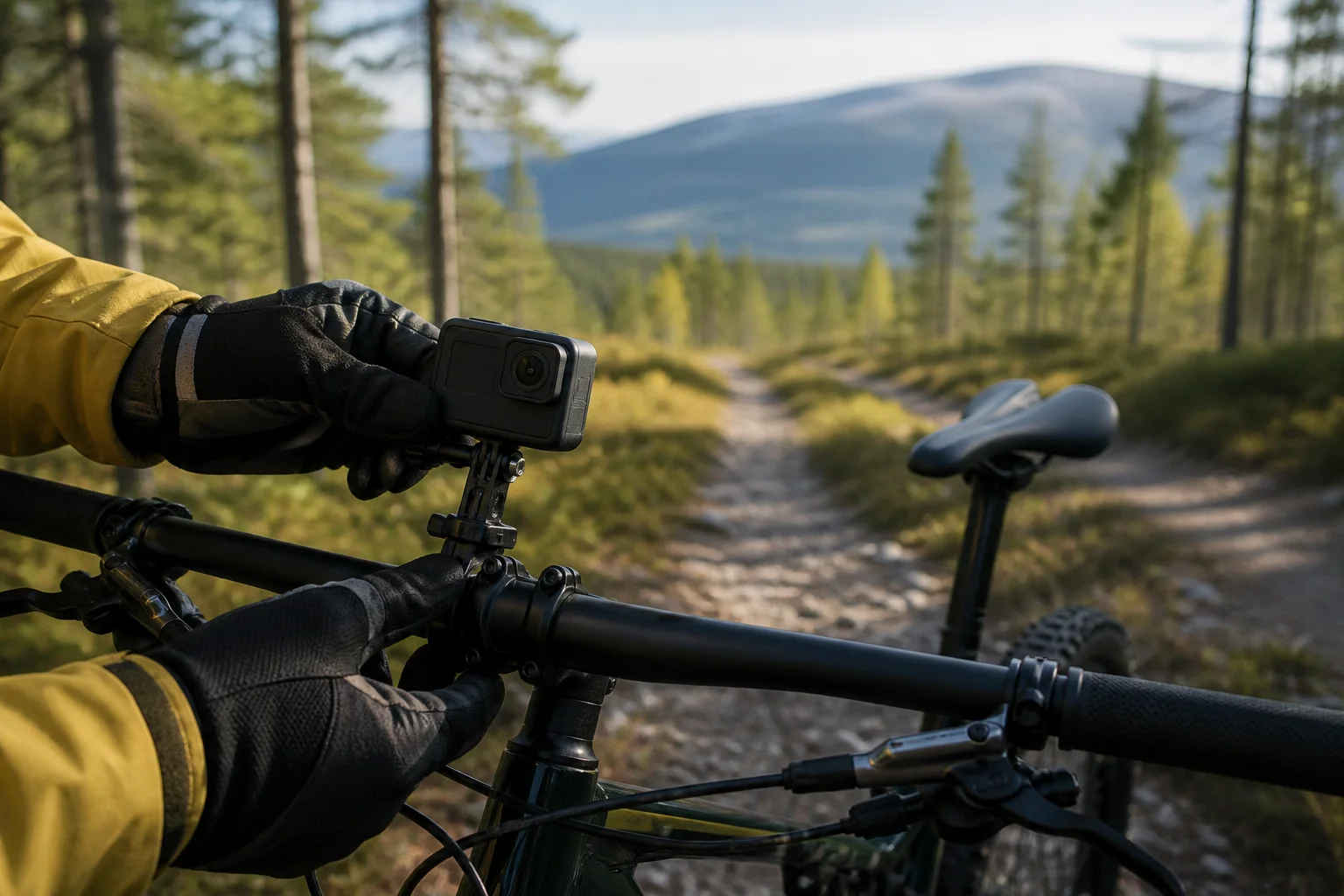 Actionkamera monterad på ett cykelstyre inför en tur i skogen.