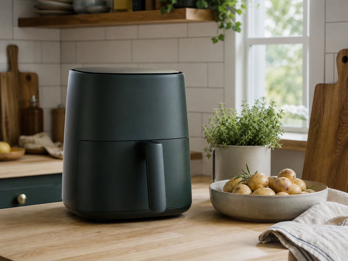 Svart airfryer med potatis och örter på en ljus köksbänk.