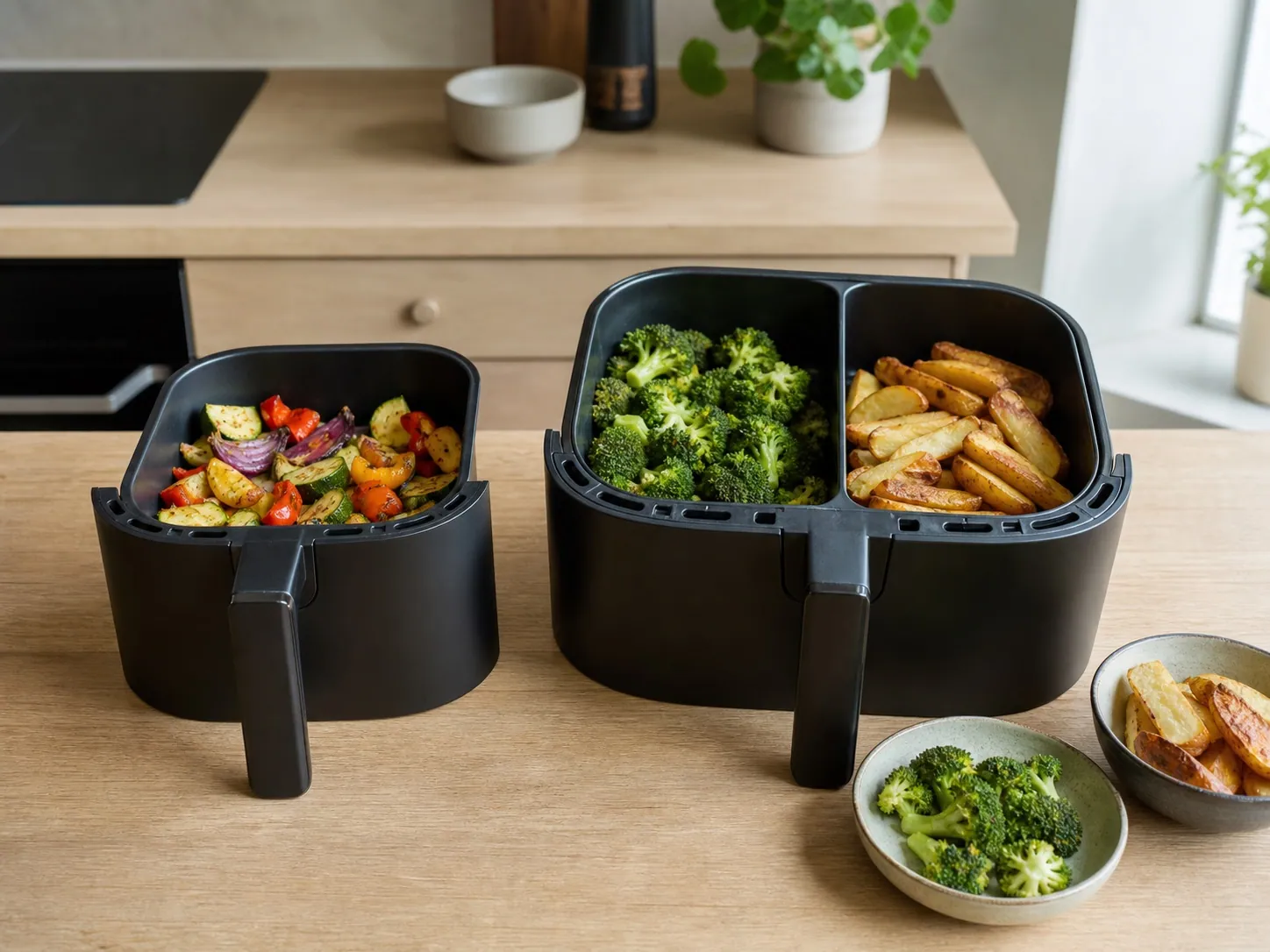 Liten airfryerkorg och större dubbelkorg med grönsaker och potatis.
