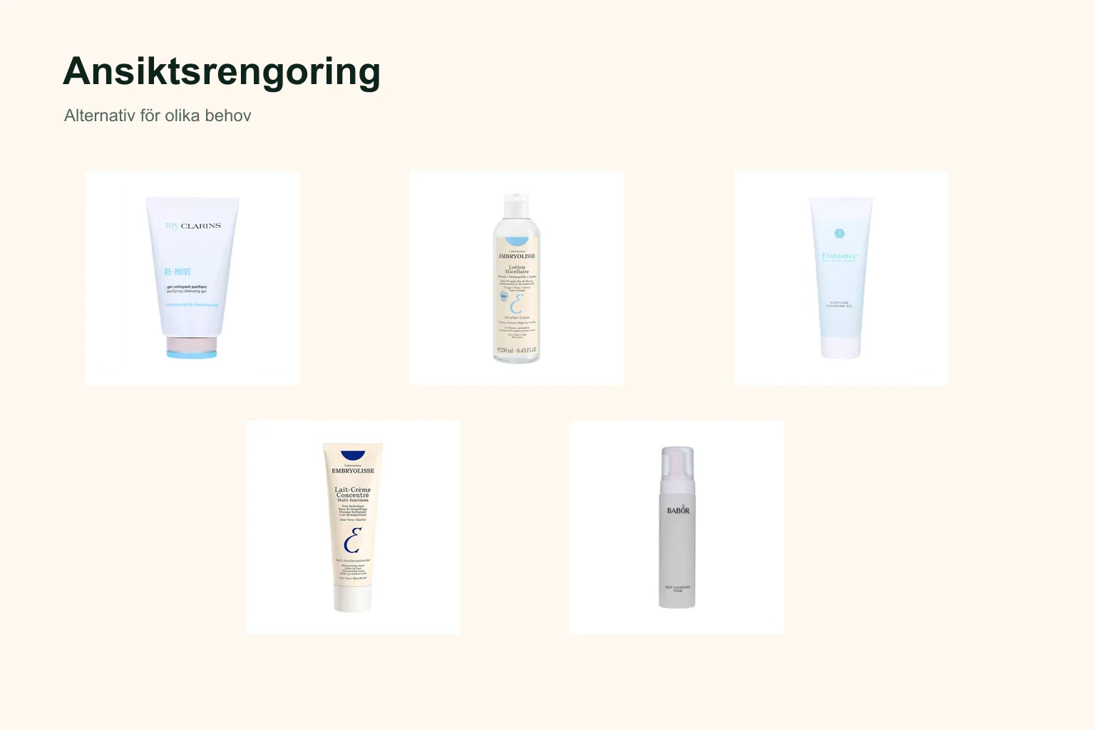 De fem utvalda produkterna i Testnavets jämförelse av ansiktsrengöring.