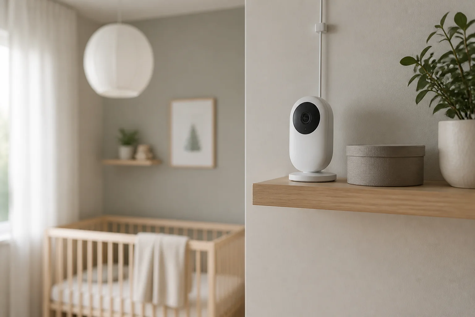 Babyvakt på en säker hylla i ett lugnt barnrum med spjälsäng i bakgrunden.