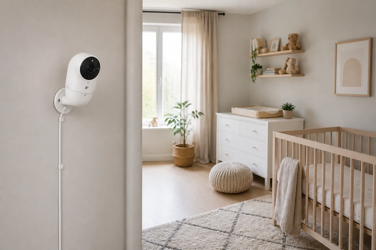 Babyvakt placerad utom räckhåll från spjälsängen med säkrad kabel.
