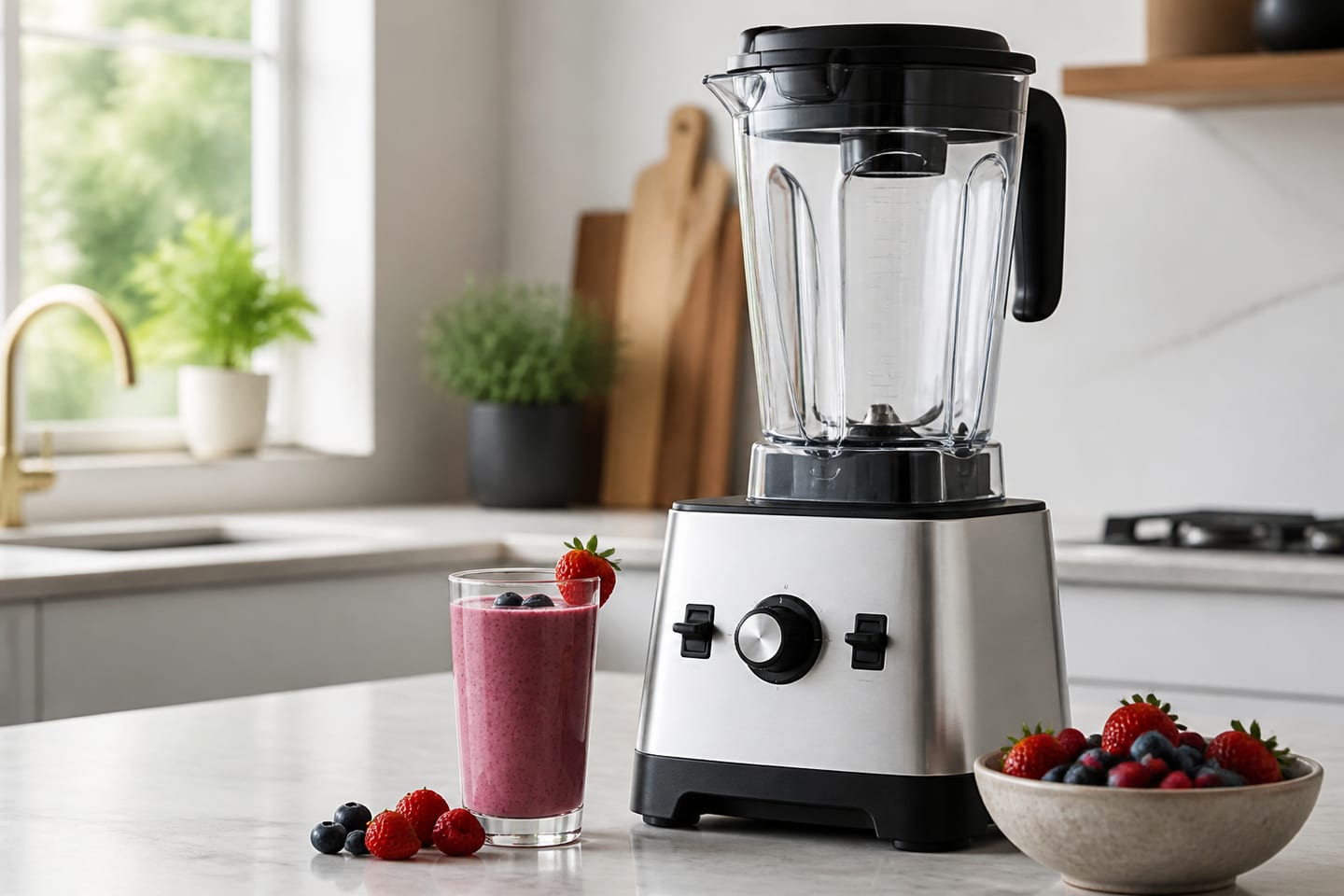 Blender utan synligt varumärke som mixar en bärsmoothie i ett ljust svenskt kök.