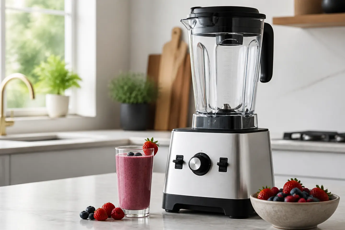 Blender utan synligt varumärke som mixar en bärsmoothie i ett ljust svenskt kök.
