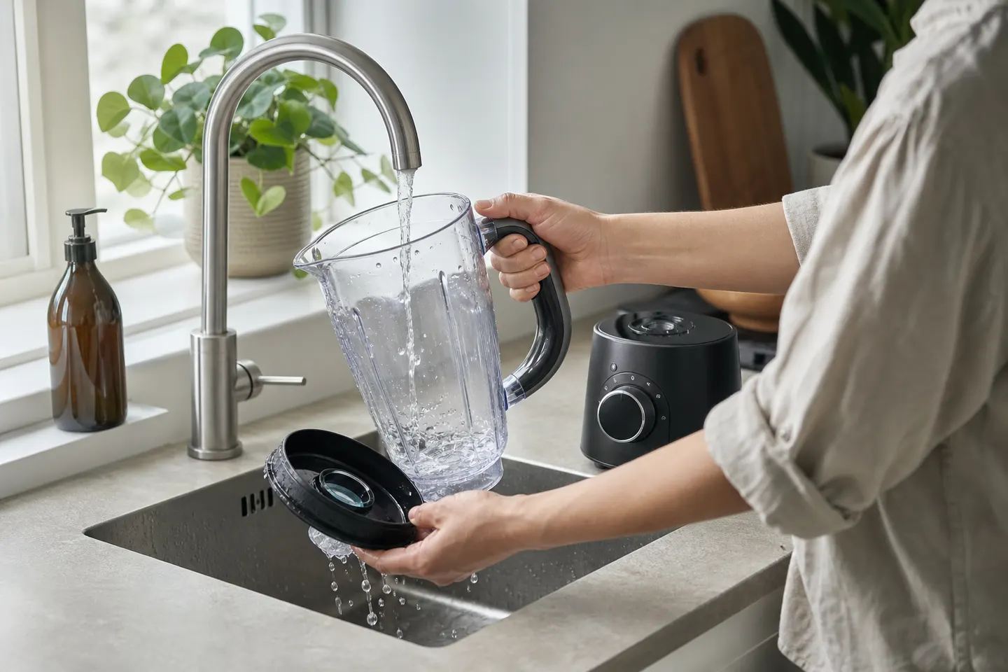 Blenderkanna som sköljs och rengörs direkt efter användning.