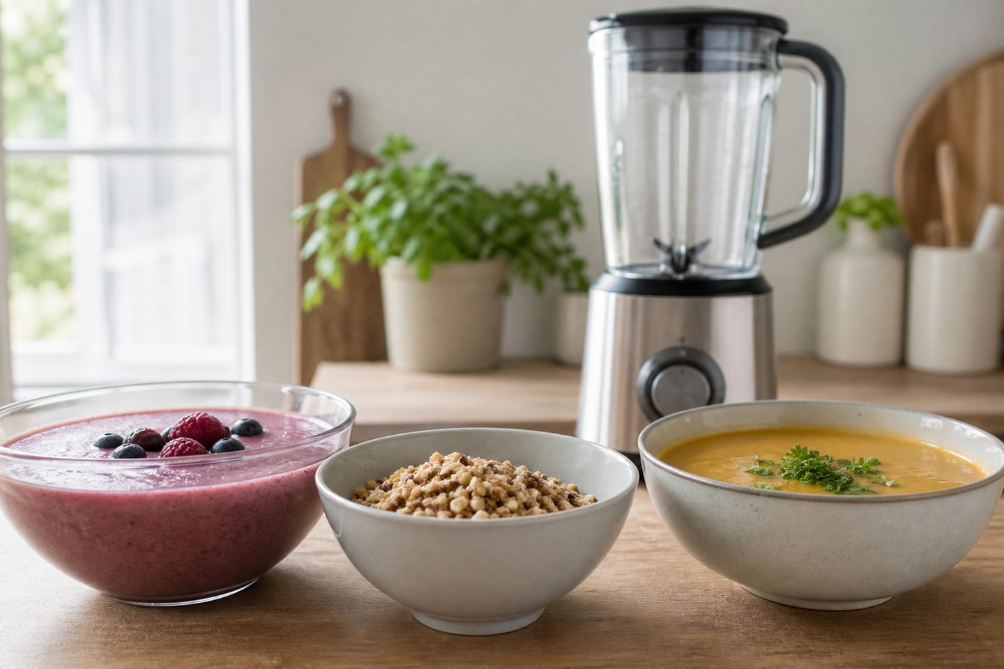 Smoothie och varm soppa bredvid en blender på köksbänk.