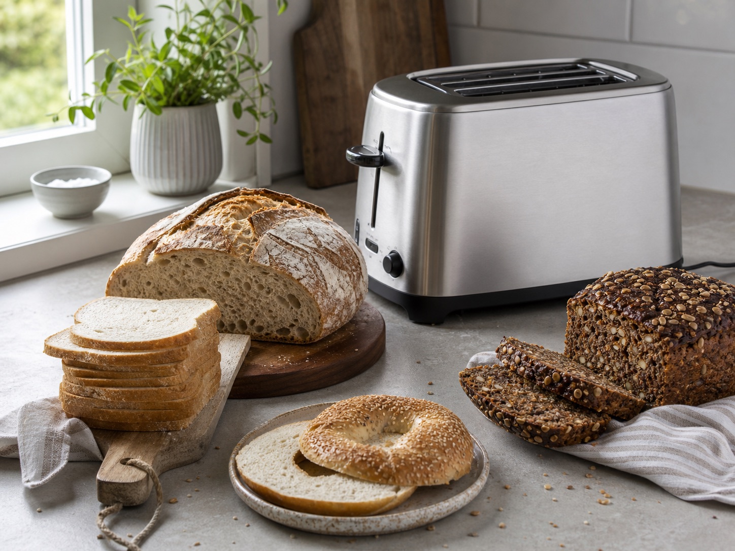 Toast, surdegsbröd, rågbröd och bagel bredvid en brödrost.