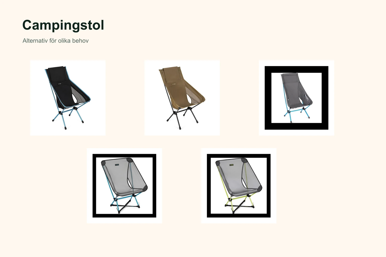 De fem utvalda produkterna i Testnavets jämförelse av campingstol.