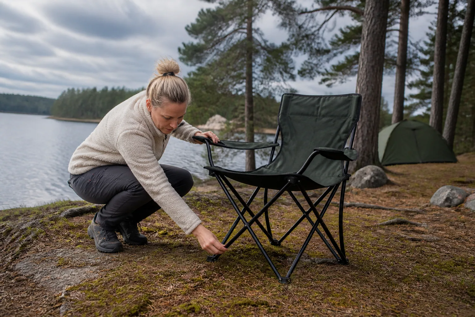 Hopfälld campingstol packad bredvid en ryggsäck.