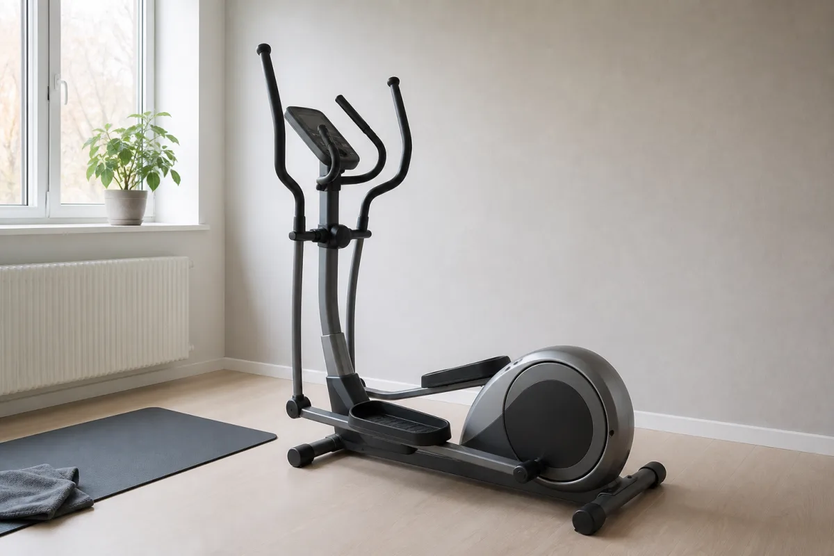 Crosstrainer i ett ljust och realistiskt hemmagym.