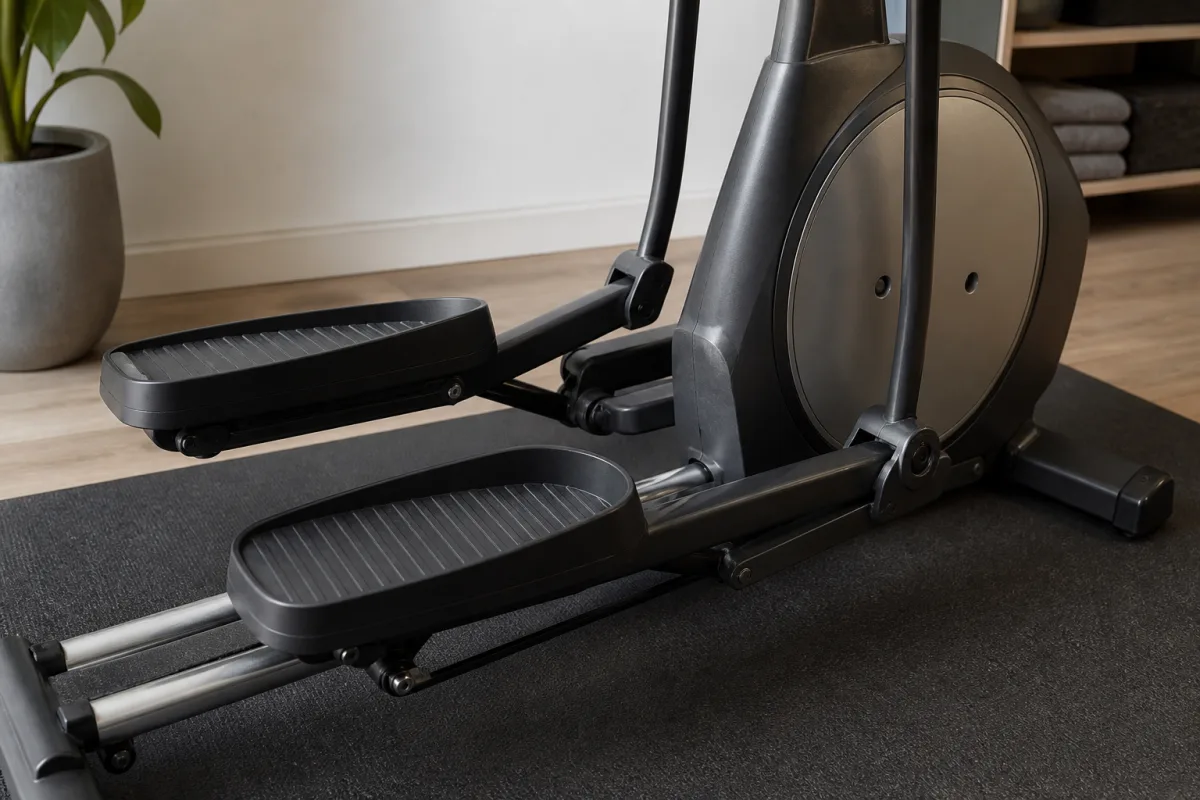 Närbild av pedaler och svänghjulshus på en modern crosstrainer.
