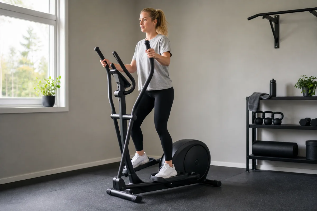 Person som kontrollerar steglängd och pedalposition på en crosstrainer.