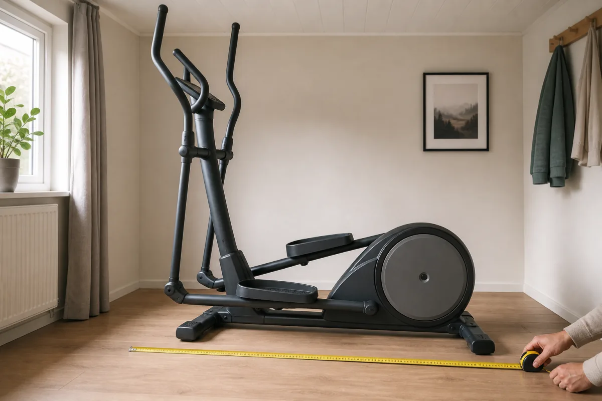Måttband runt en crosstrainer i ett mindre träningsrum.