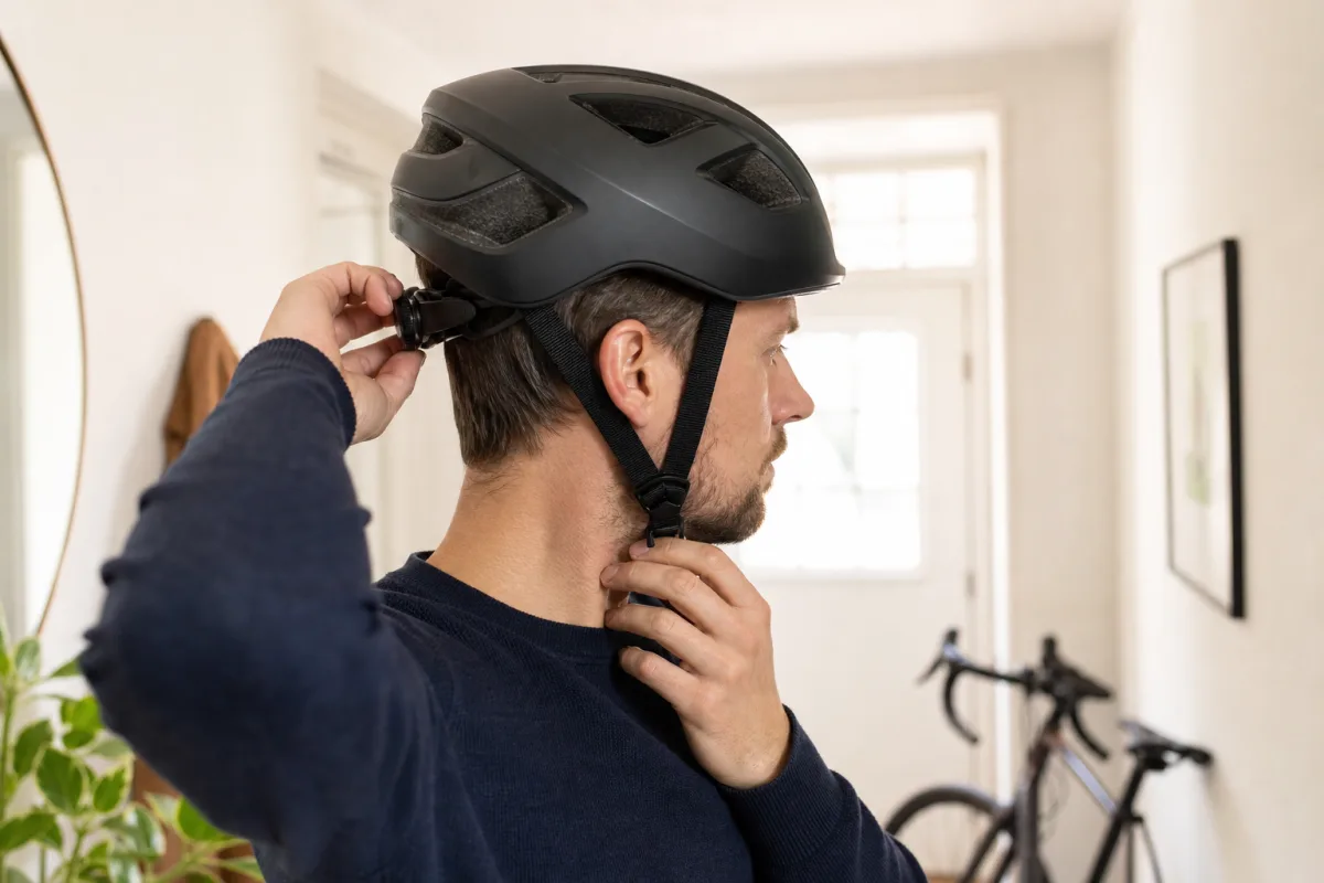 Person som justerar hakrem och nackvred på en cykelhjälm.