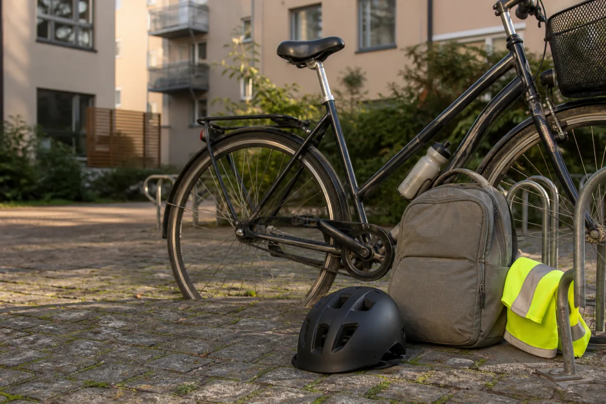 Cykelhjälm och cykel bredvid en vardaglig pendlarväska.