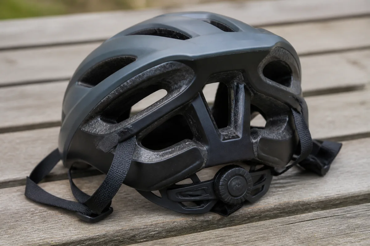 Närbild av ventilationskanaler och remmar på en modern cykelhjälm.