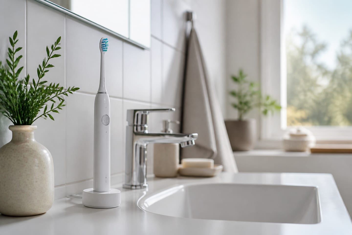 Elektrisk tandborste utan synligt varumärke bredvid handfat och fluoridtandkräm.