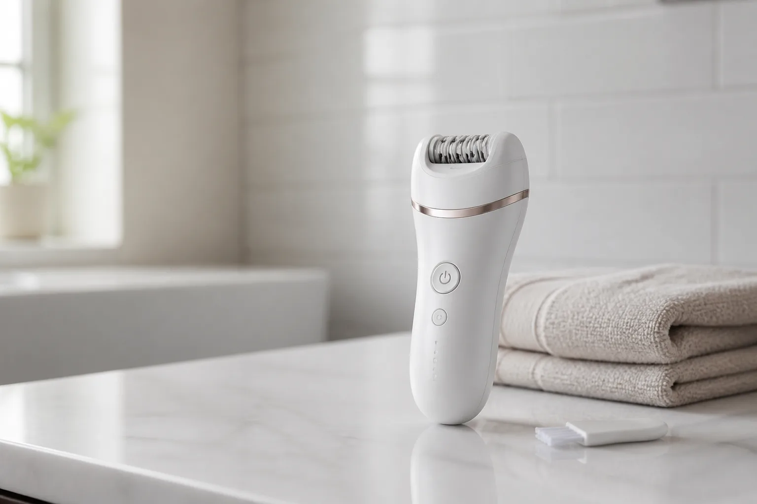 Epilator och rengöringsborste i en lugn badrumsmiljö.