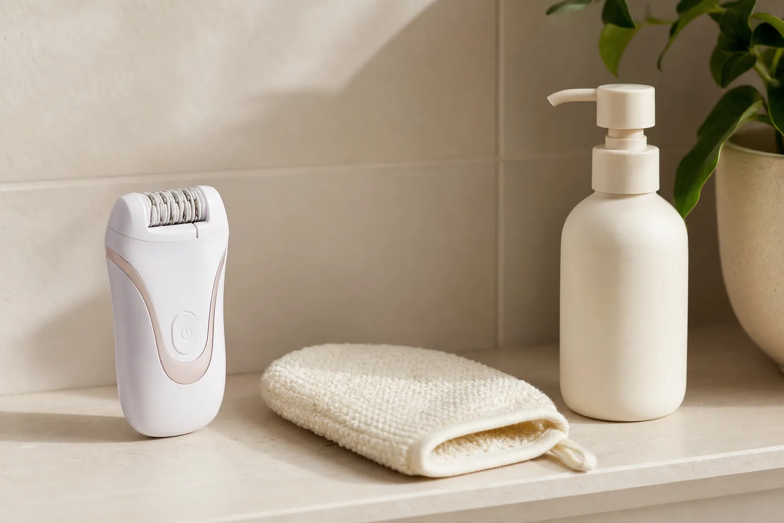 Mjuk exfolieringshandske och hudvård efter epilering.