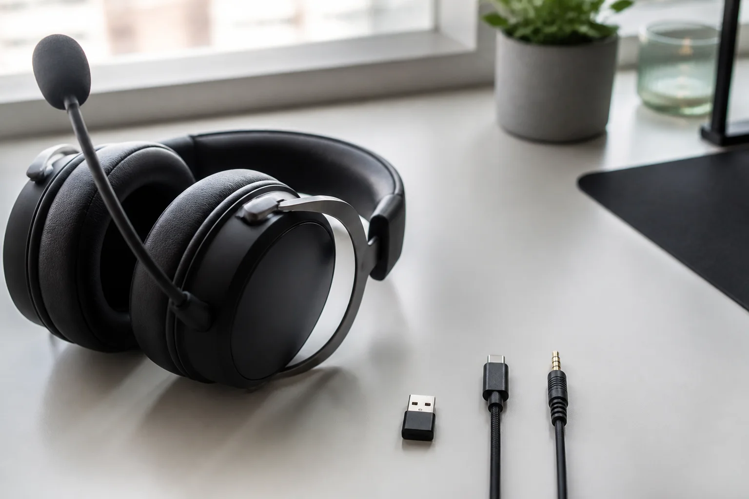USB-dongel, USB-kabel och 3,5-millimeterskontakt ligger bredvid ett gaming-headset.