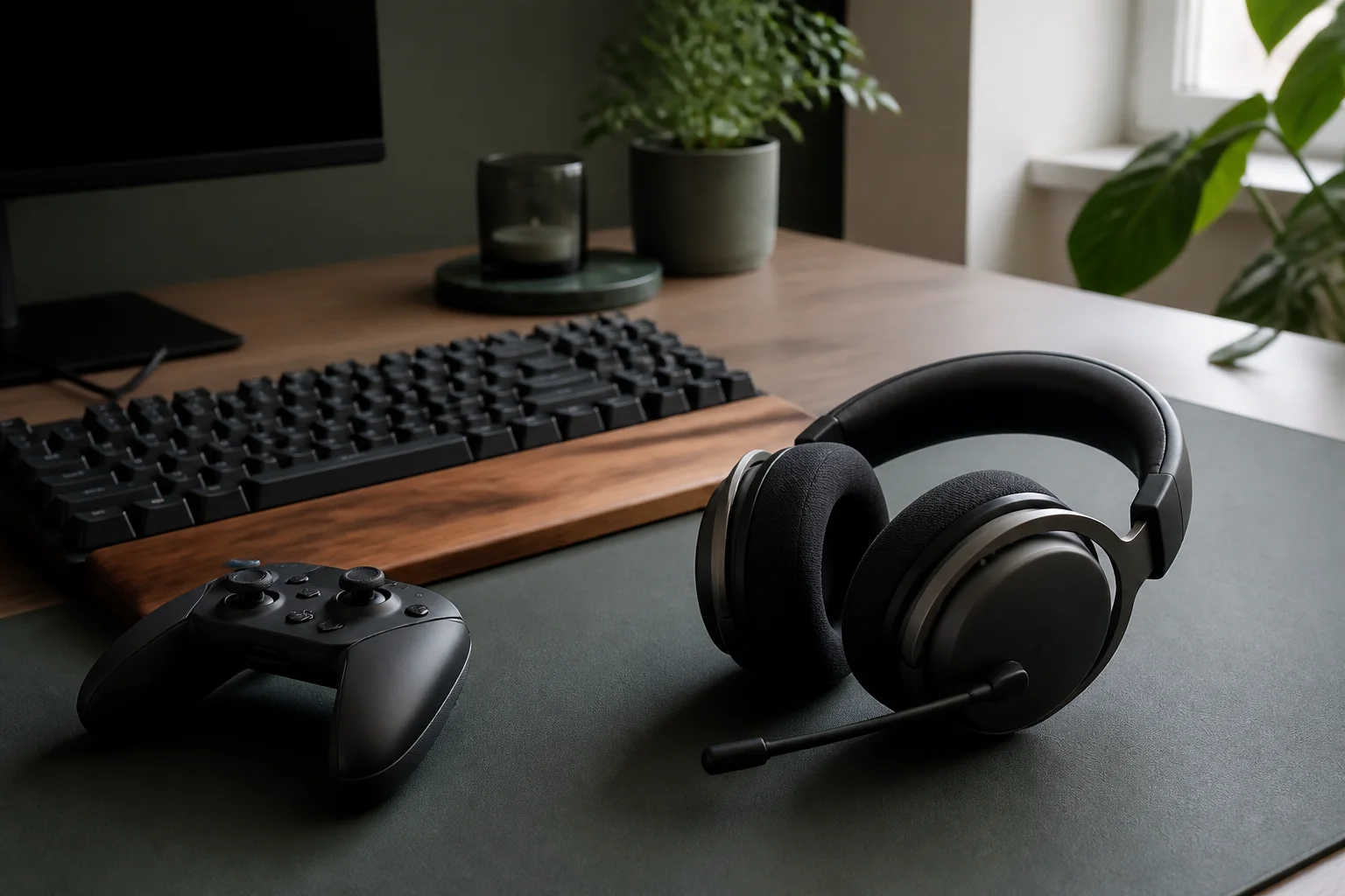 Gaming-headset ligger vid tangentbord och spelkontroll på ett städat skrivbord.