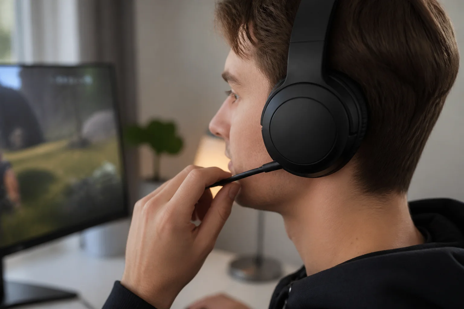 Mikrofonarmen på ett gaming-headset placeras strax vid sidan av munnen.