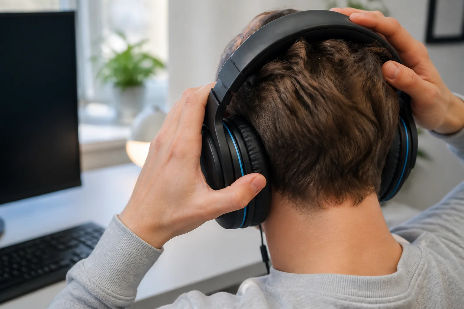 En spelare justerar bygel och öronkåpor på sitt gaming-headset.