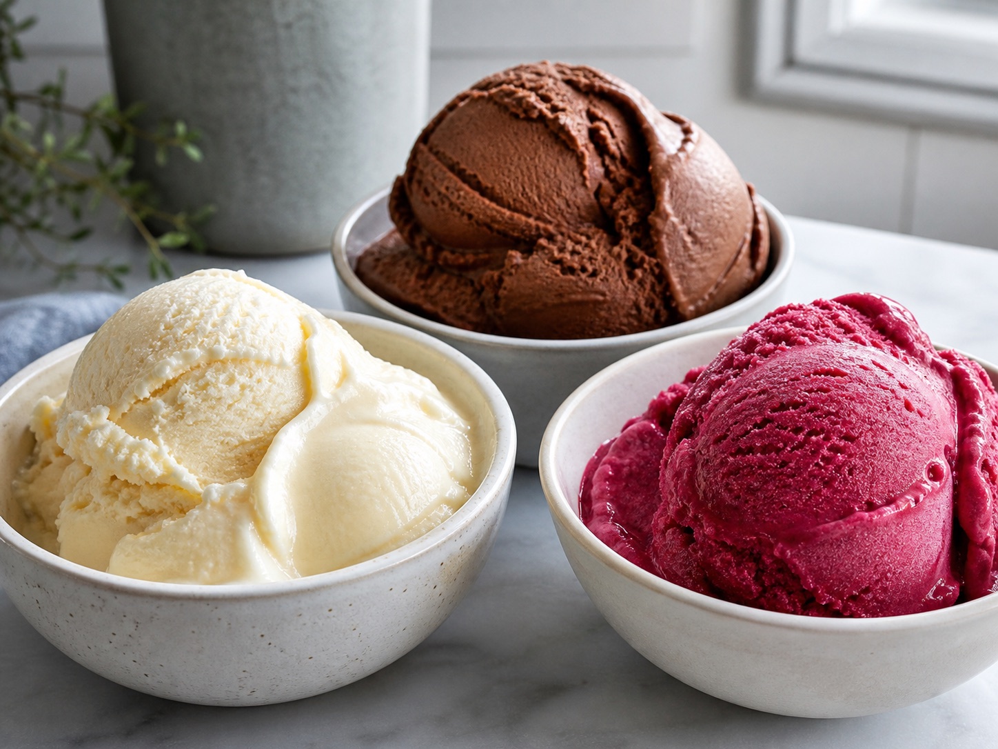 Skålar med vaniljglass, chokladglass och bärsorbet.