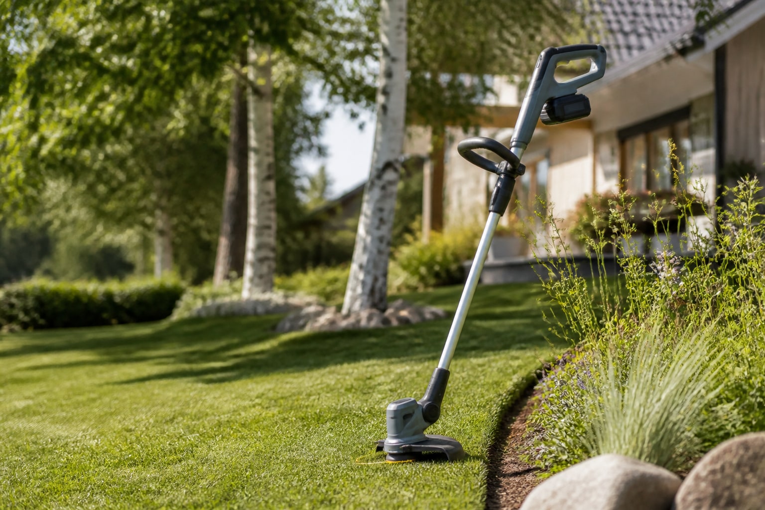 Batteridriven grästrimmer som putsar kanten på en gräsmatta.