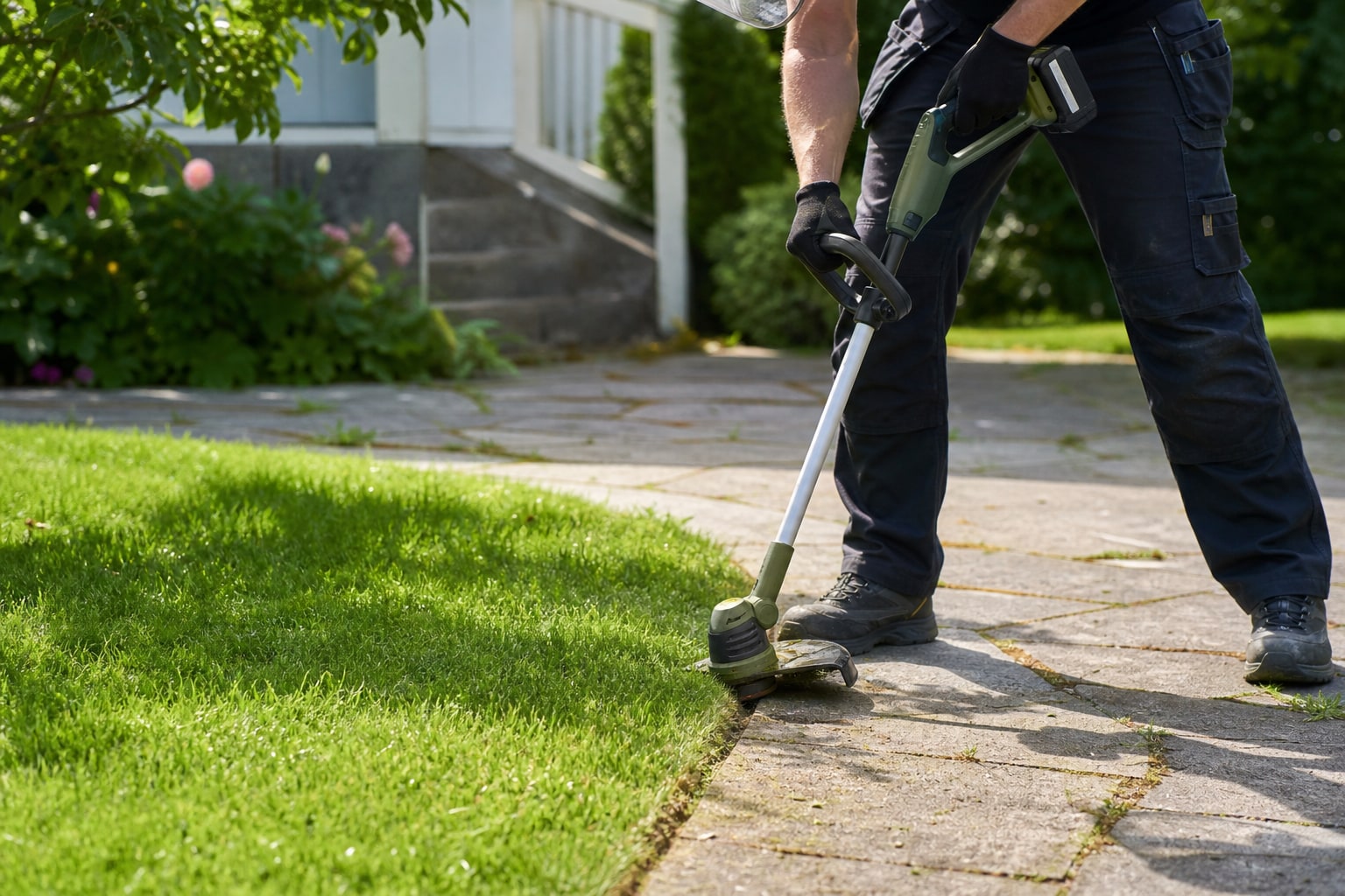 Grästrimmer som klipper en tydlig kant mellan gräs och stenplattor.