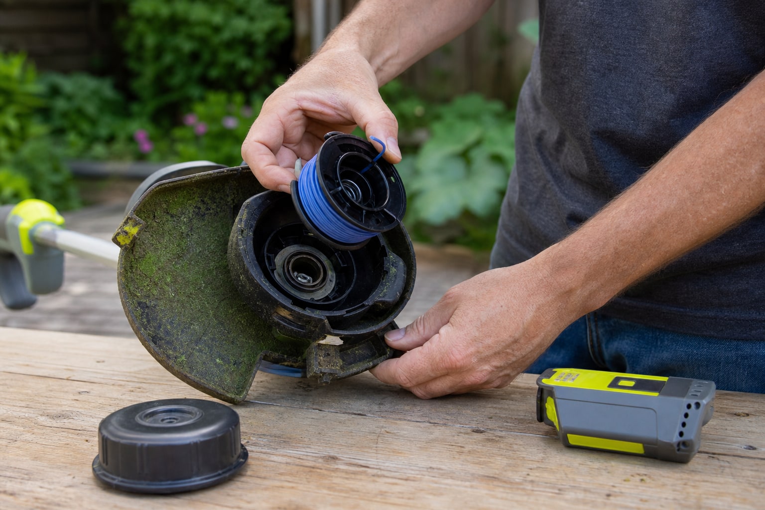 Trimmerhuvud som öppnas för byte av tråd med batteriet borttaget.