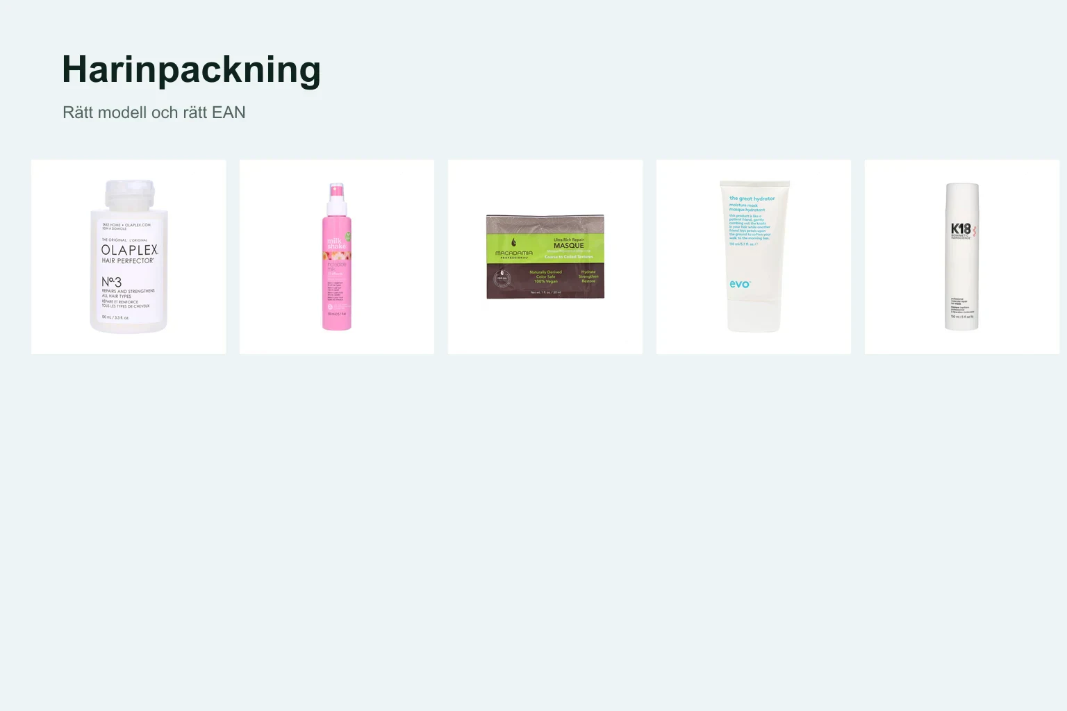 Produktdetaljer hos de utvalda alternativen inom hårinpackning.
