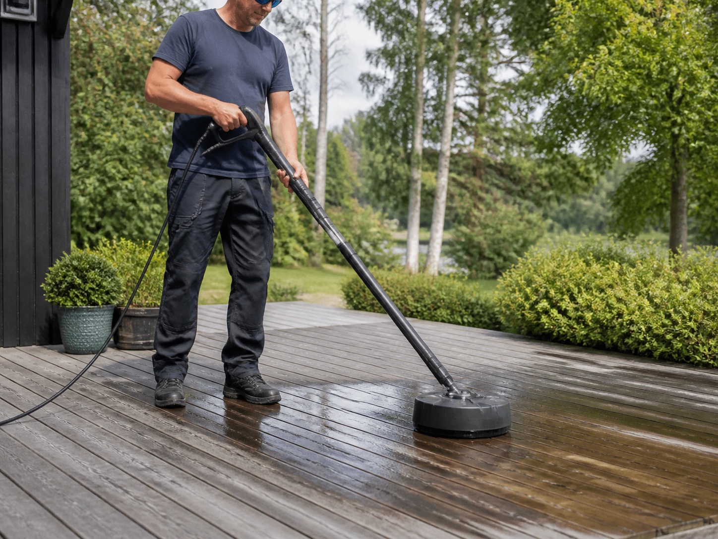 Person som tvättar träaltan med terrassmunstycke och skyddsskor.