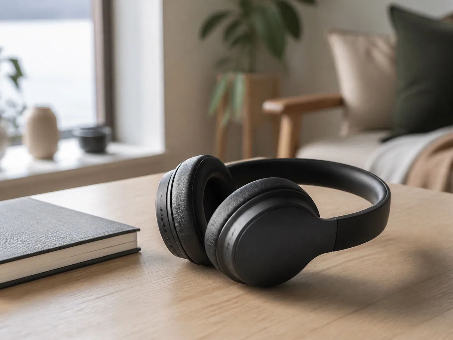 Svarta over-ear-hörlurar på ett ljust skrivbord bredvid en mobiltelefon.