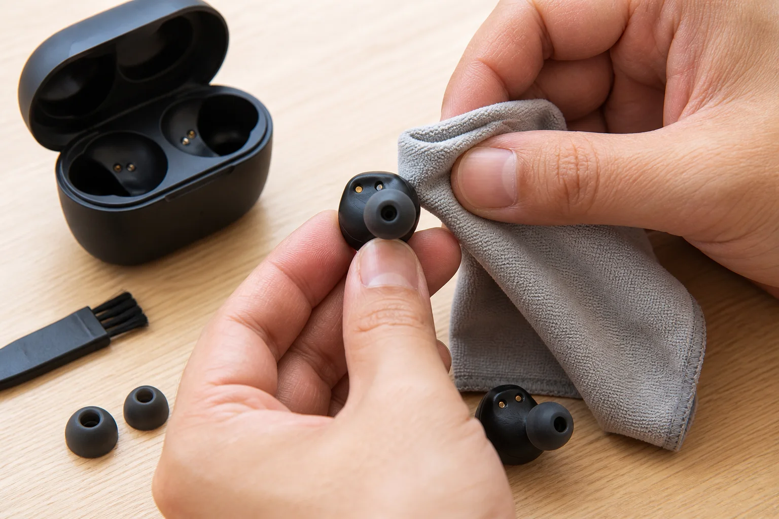 Rengöring av örontoppar och laddningskontakter på in-ear-hörlurar.