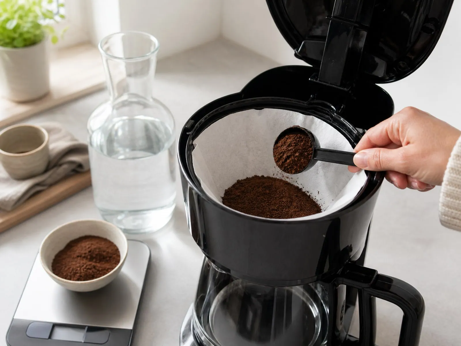 Måttsked, nymalet kaffe, pappersfilter och vattenkaraff på en köksbänk.