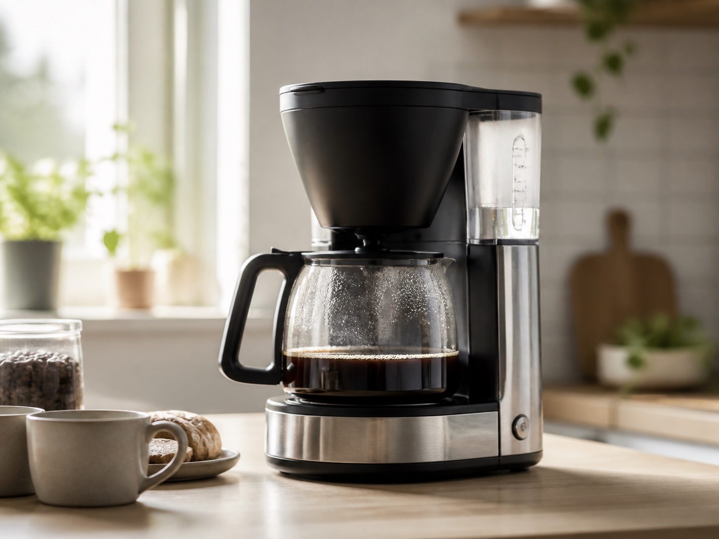 Kaffebryggare med glaskanna och nybryggt kaffe på en ljus köksbänk.