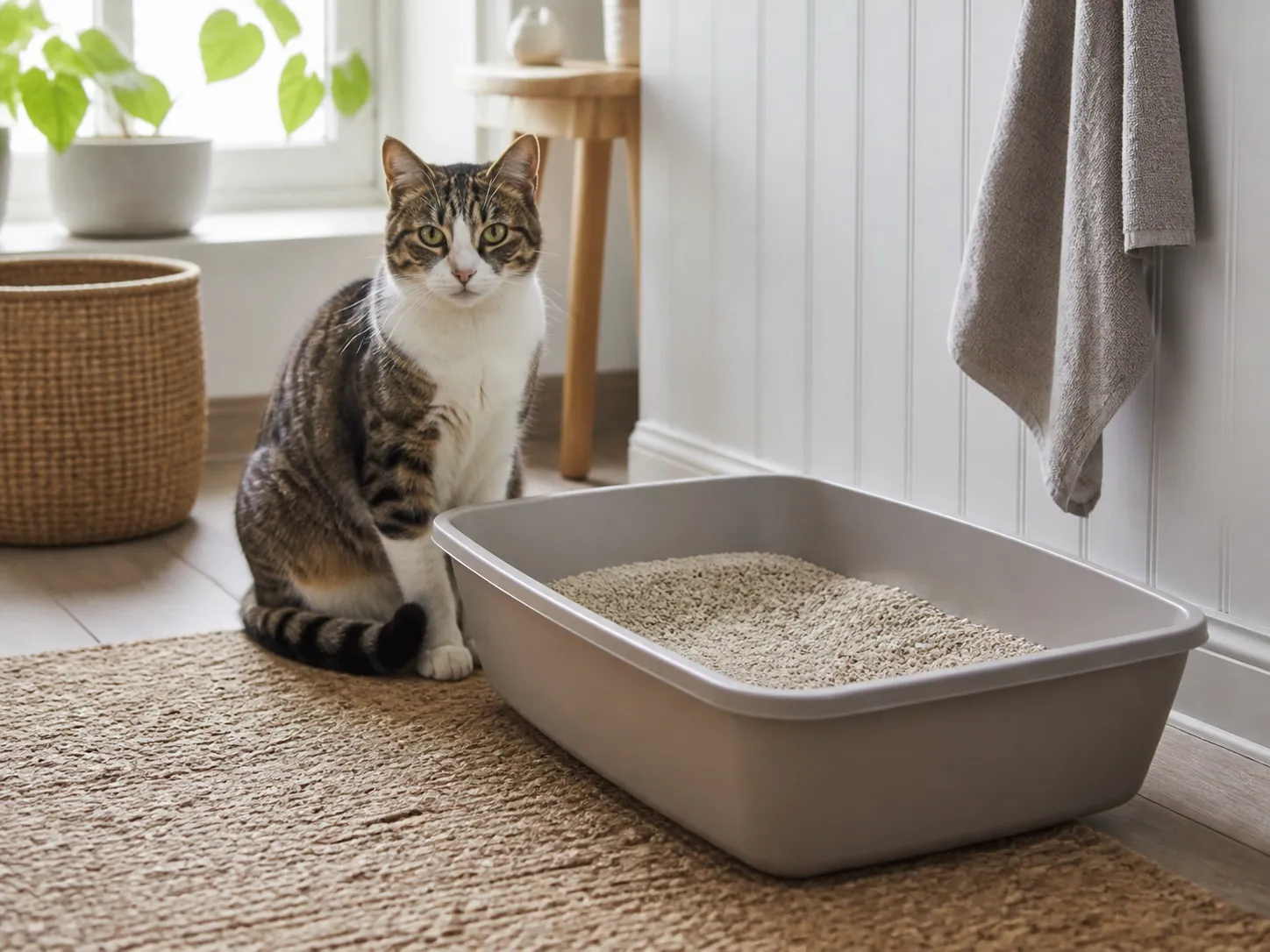 Katt bredvid en ren kattlåda med ljus kattsand i ett svenskt hem.