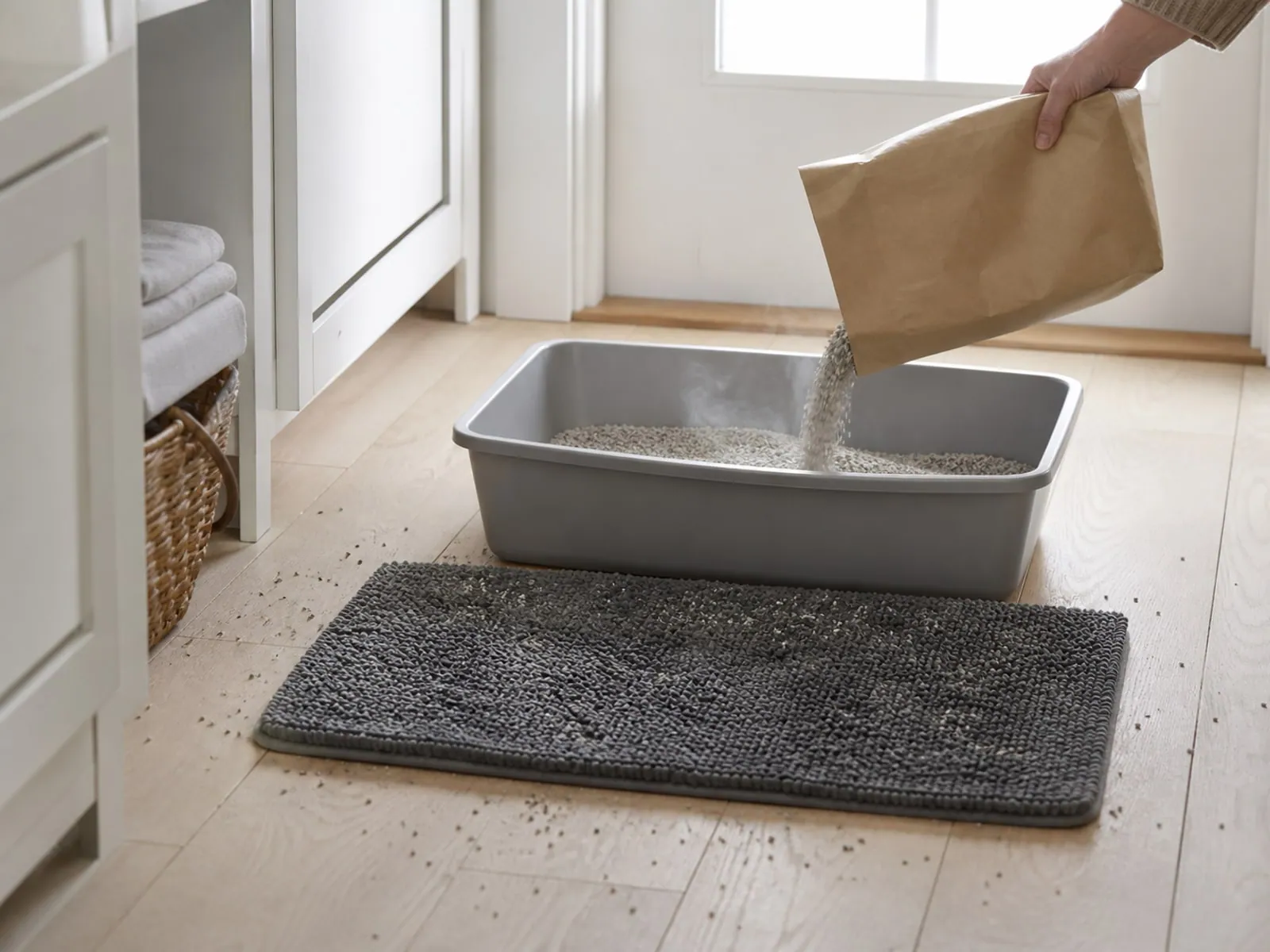 Kattmatta framför kattlåda med några få sandkorn på mattan.