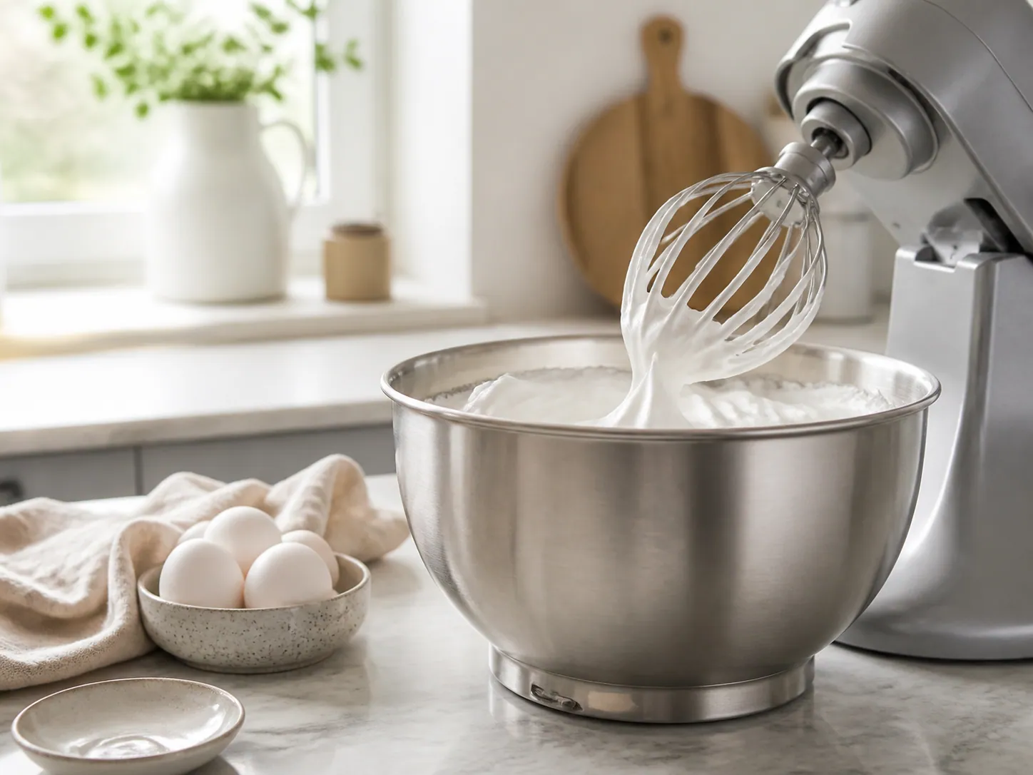Visp och bunke med luftig maräng bredvid köksmaskin.