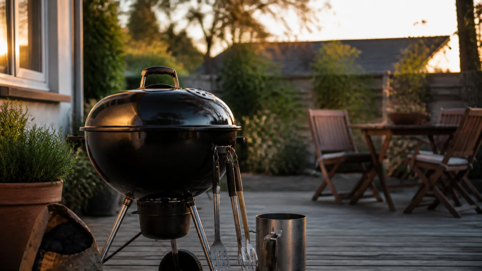 Svart klotgrill med glödande kol på en svensk uteplats.