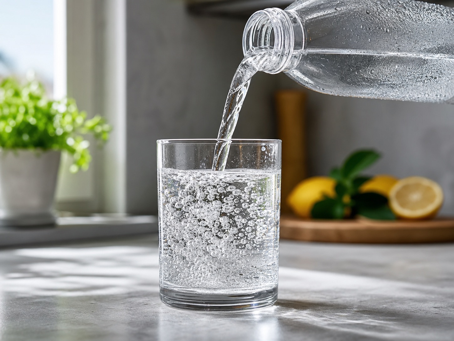 Kallt bubbelvatten som hälls från en flaska i ett glas.