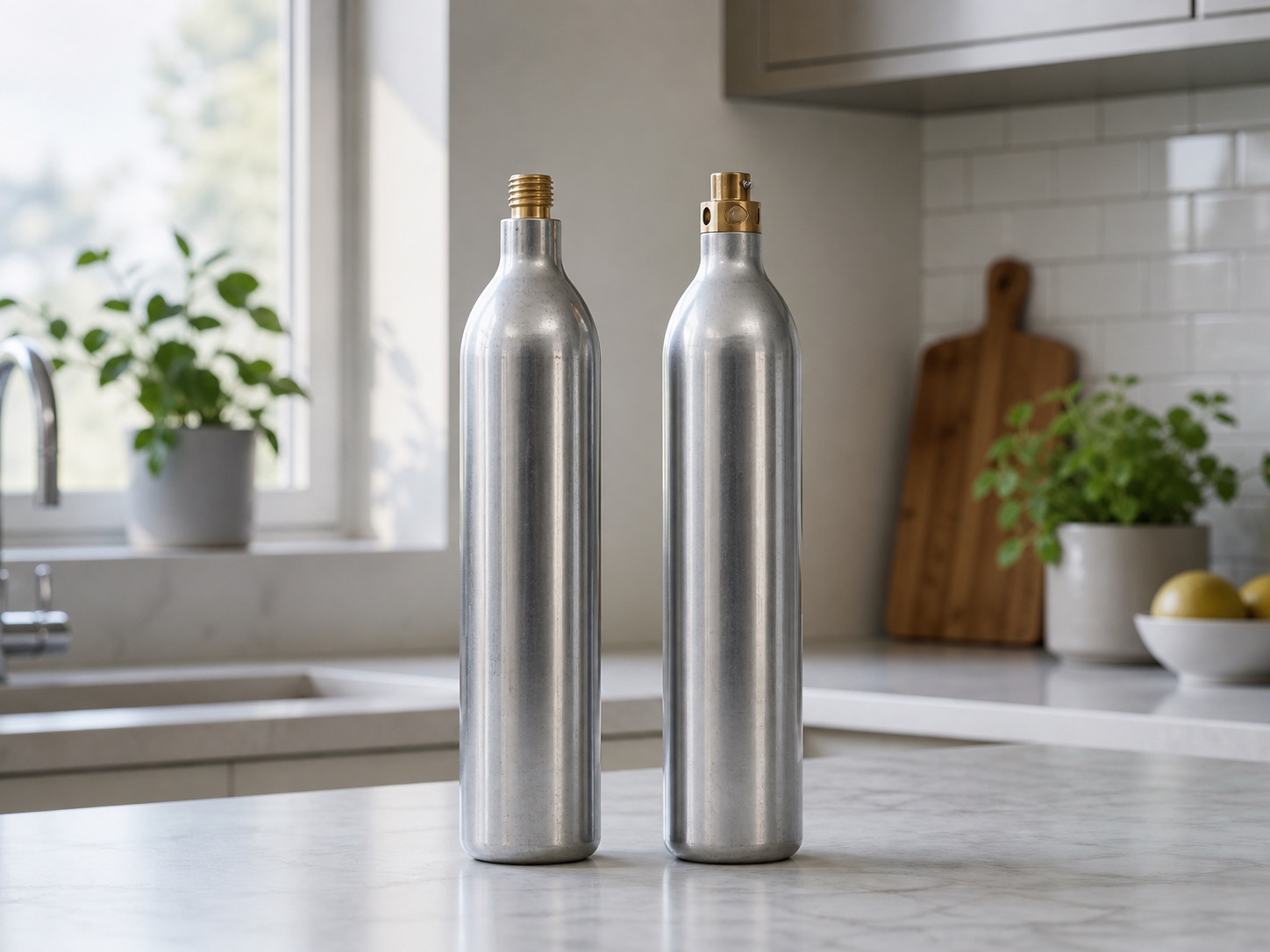 Quick Connect-cylinder och vanlig gängad kolsyrecylinder jämförda sida vid sida.