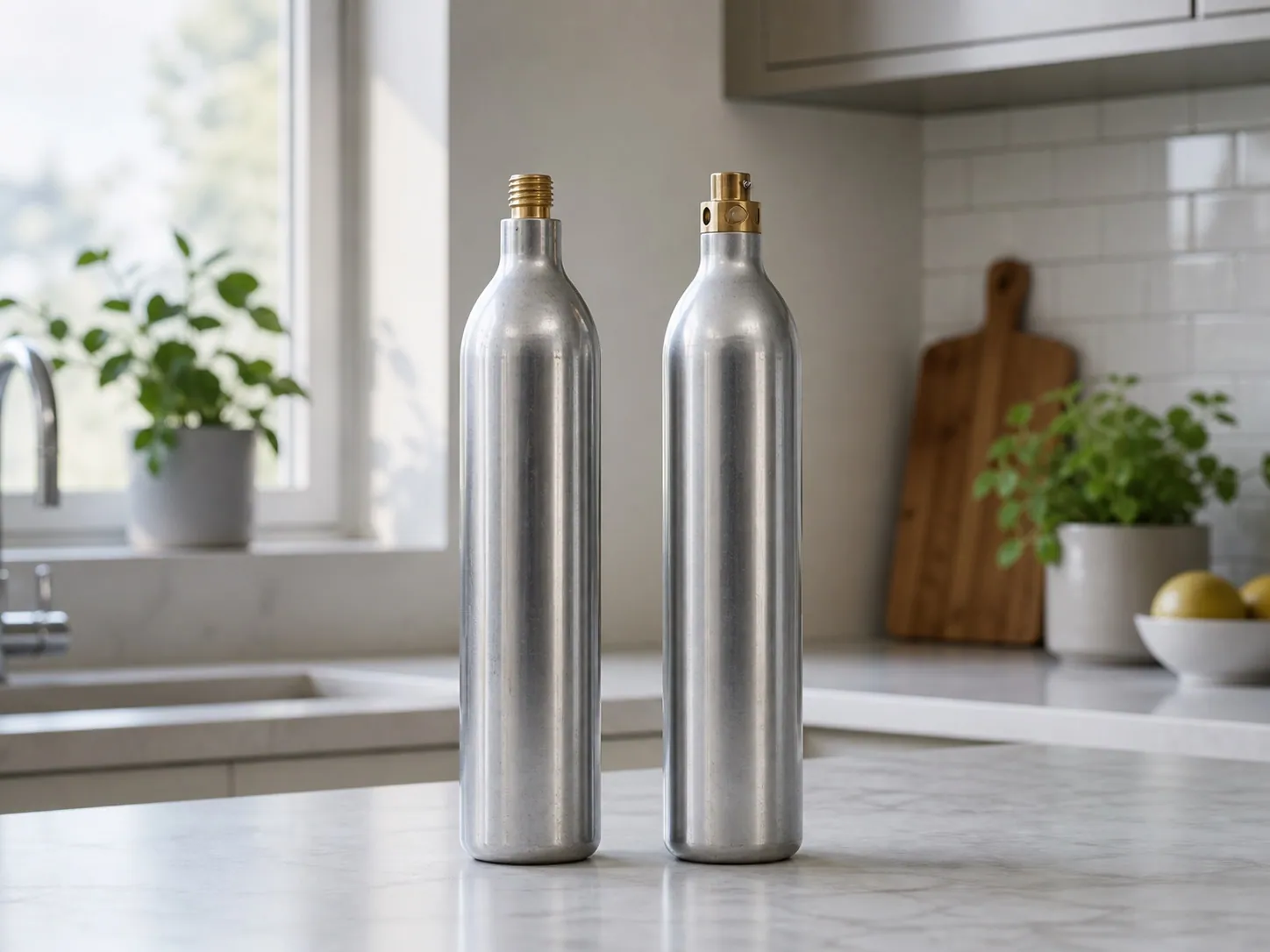 Quick Connect-cylinder och vanlig gängad kolsyrecylinder jämförda sida vid sida.