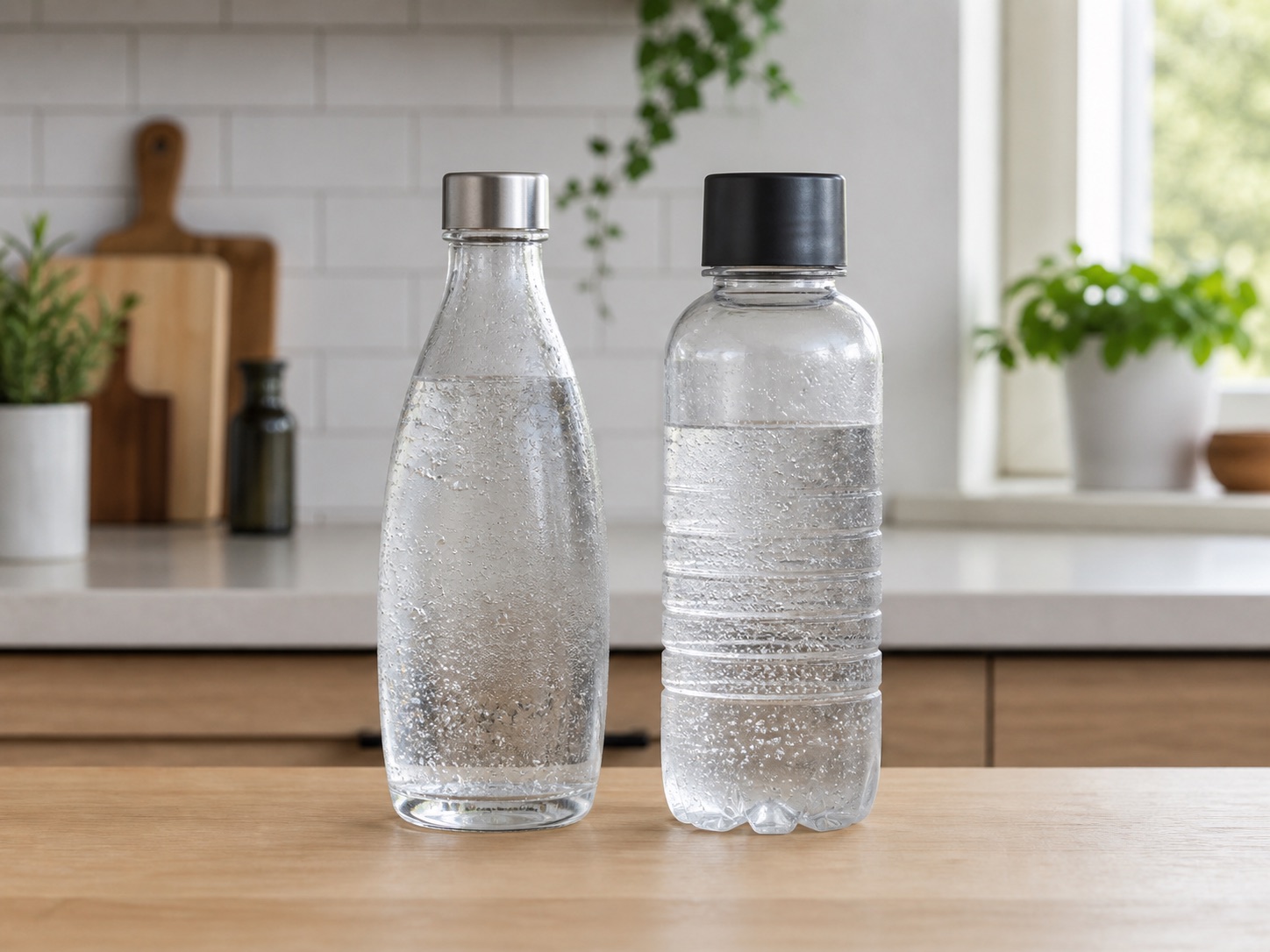 Glasflaska och PET-flaska för bubbelvatten på en köksbänk.