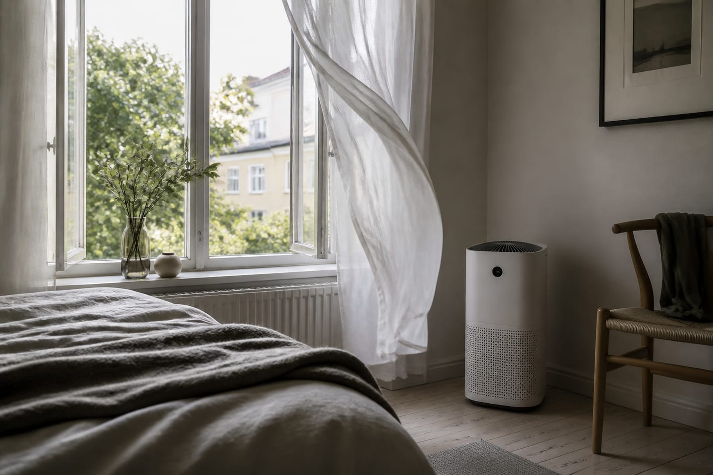 Tyst luftrenare bredvid en säng med fri luftväg.