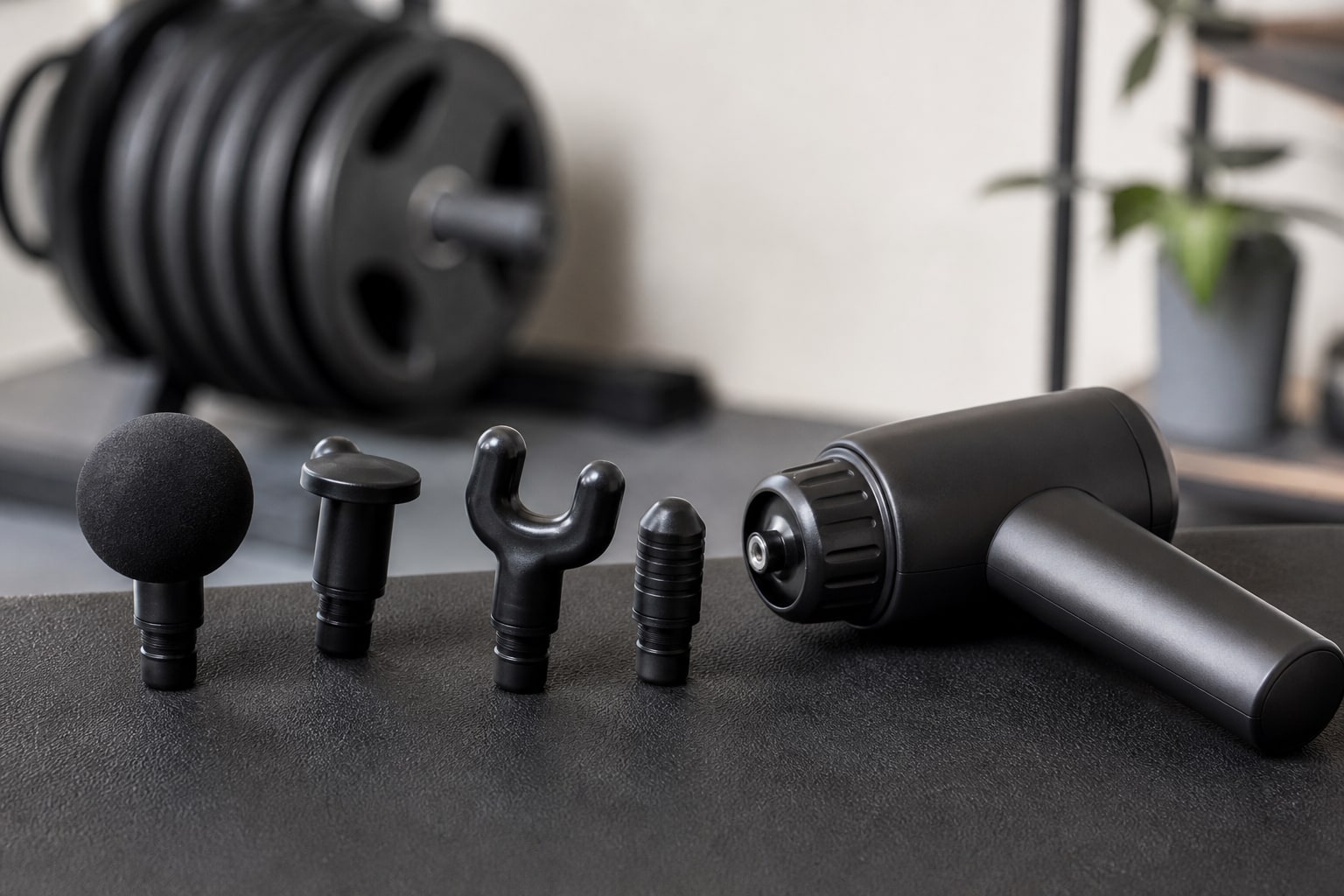 Massagepistol med flera mjuka massagehuvuden på en träningsmatta.
