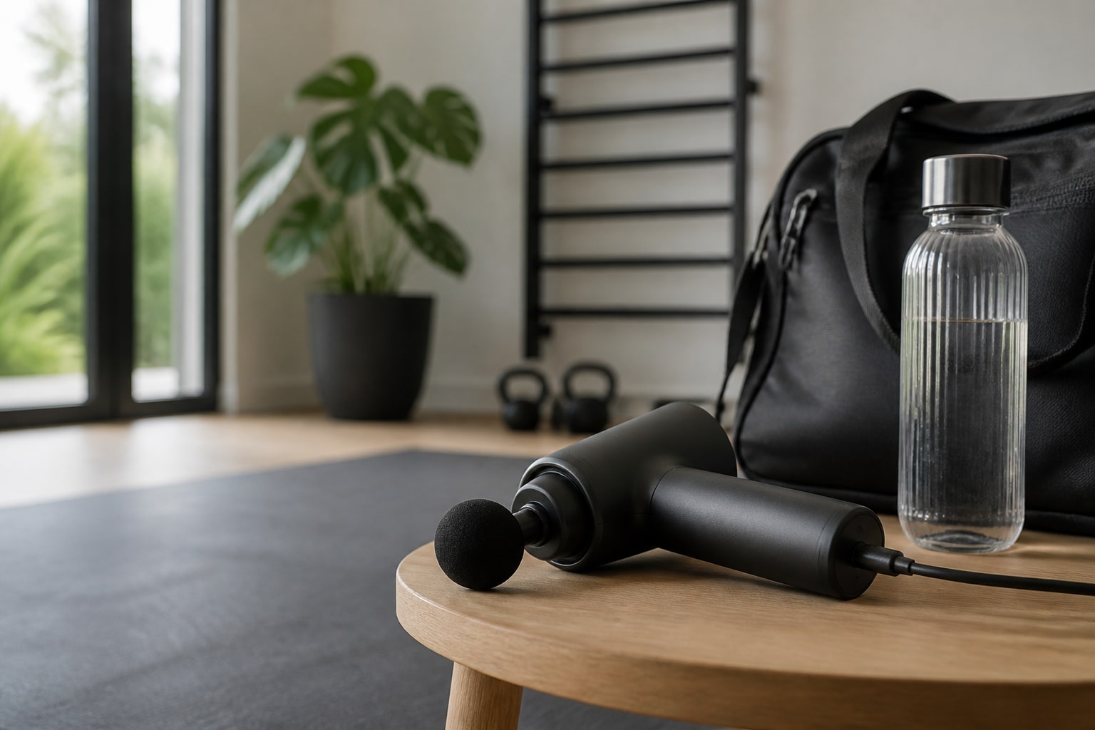 Massagepistol och laddkabel på en ren bänk efter användning.