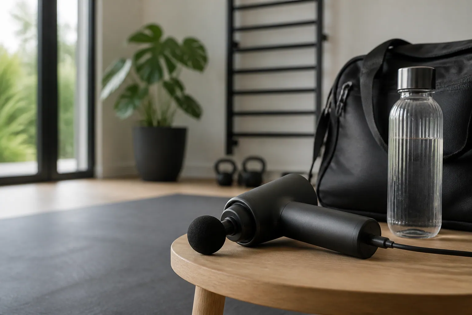 Massagepistol och laddkabel på en ren bänk efter användning.