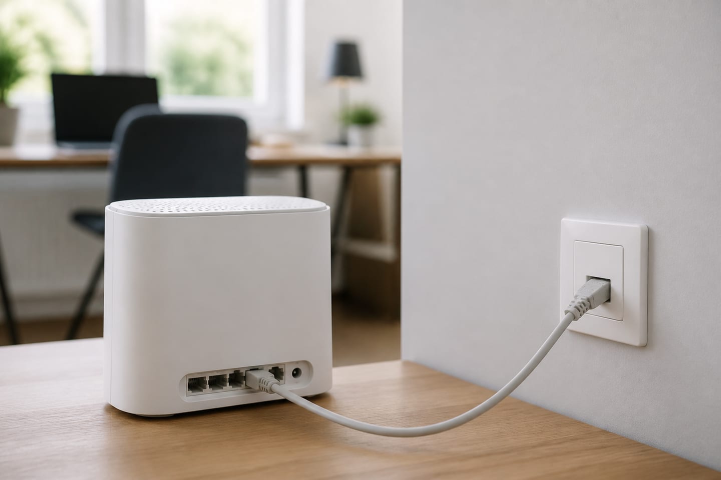 Meshrouter ansluten med Ethernetkabel till ett vägguttag.